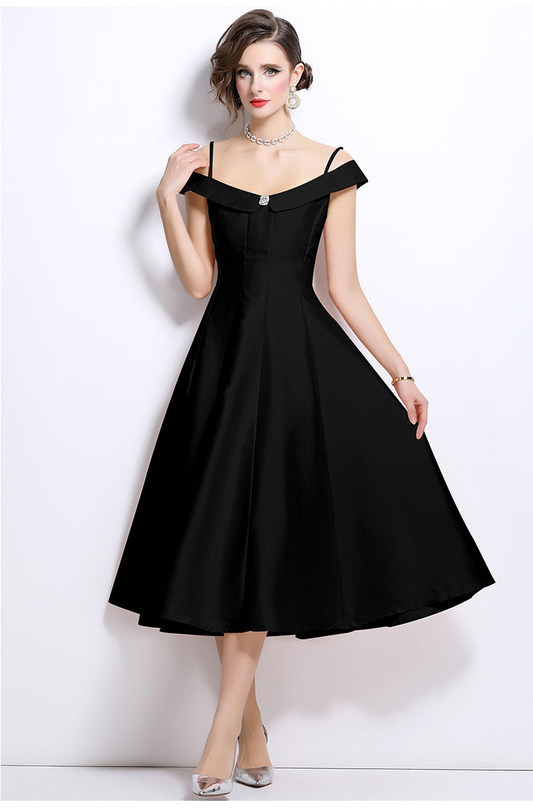 Off-Shoulder Satin Midi Dress in Black