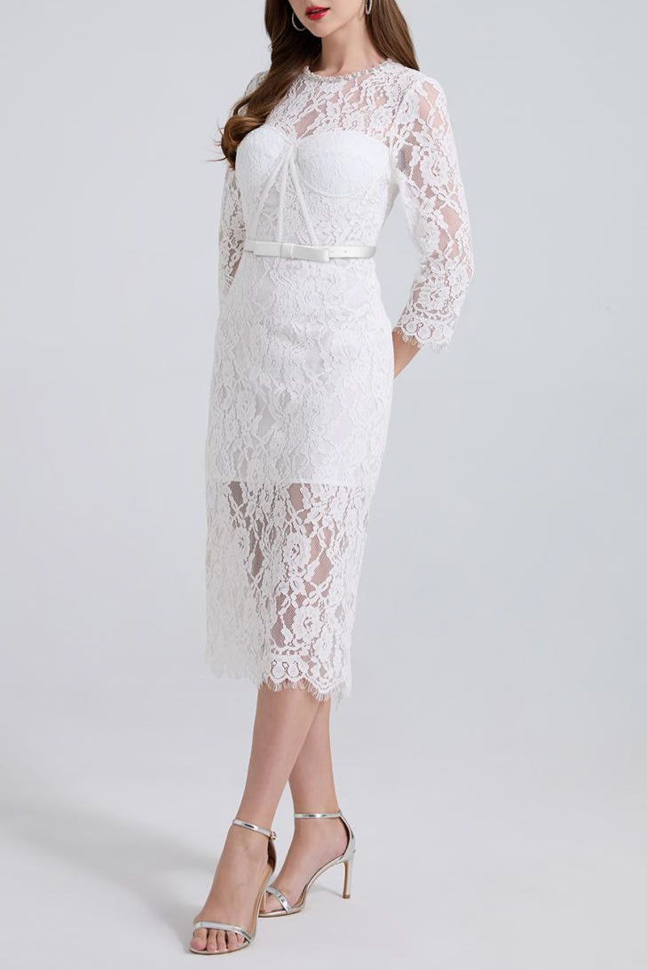 Rhinestone Fishbone Lace Midi Dress in White