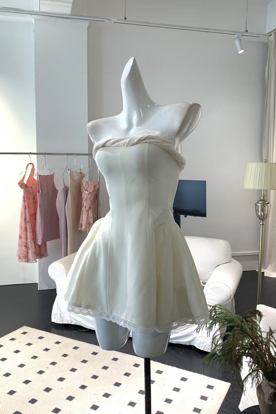 Lace Trim Mini Dress in White