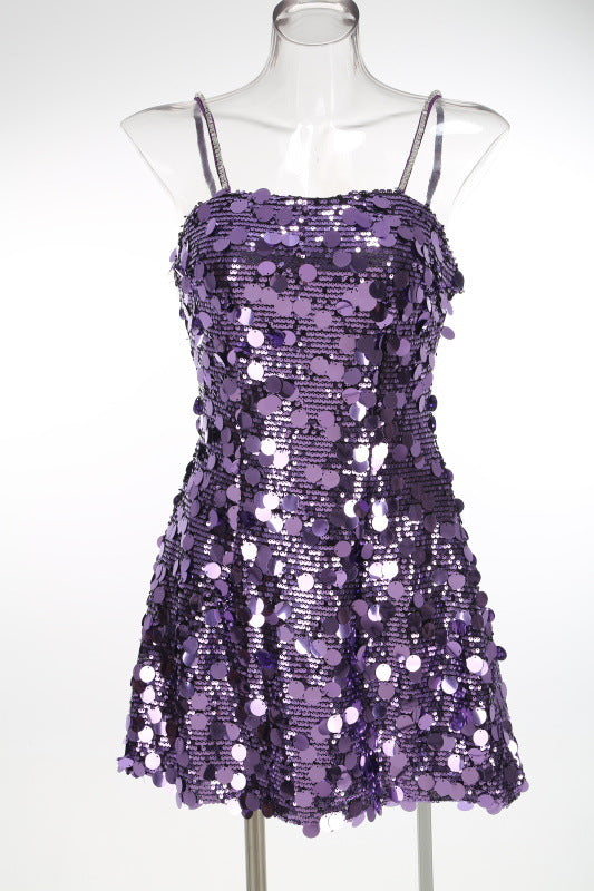 Strappy Sequin Embellished Mini Dress in Purple