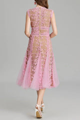 3D Embroidered Lace Mesh Midi Dress in Pink