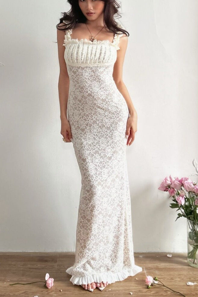 Lace Bodycon Slip Maxi Dress in White