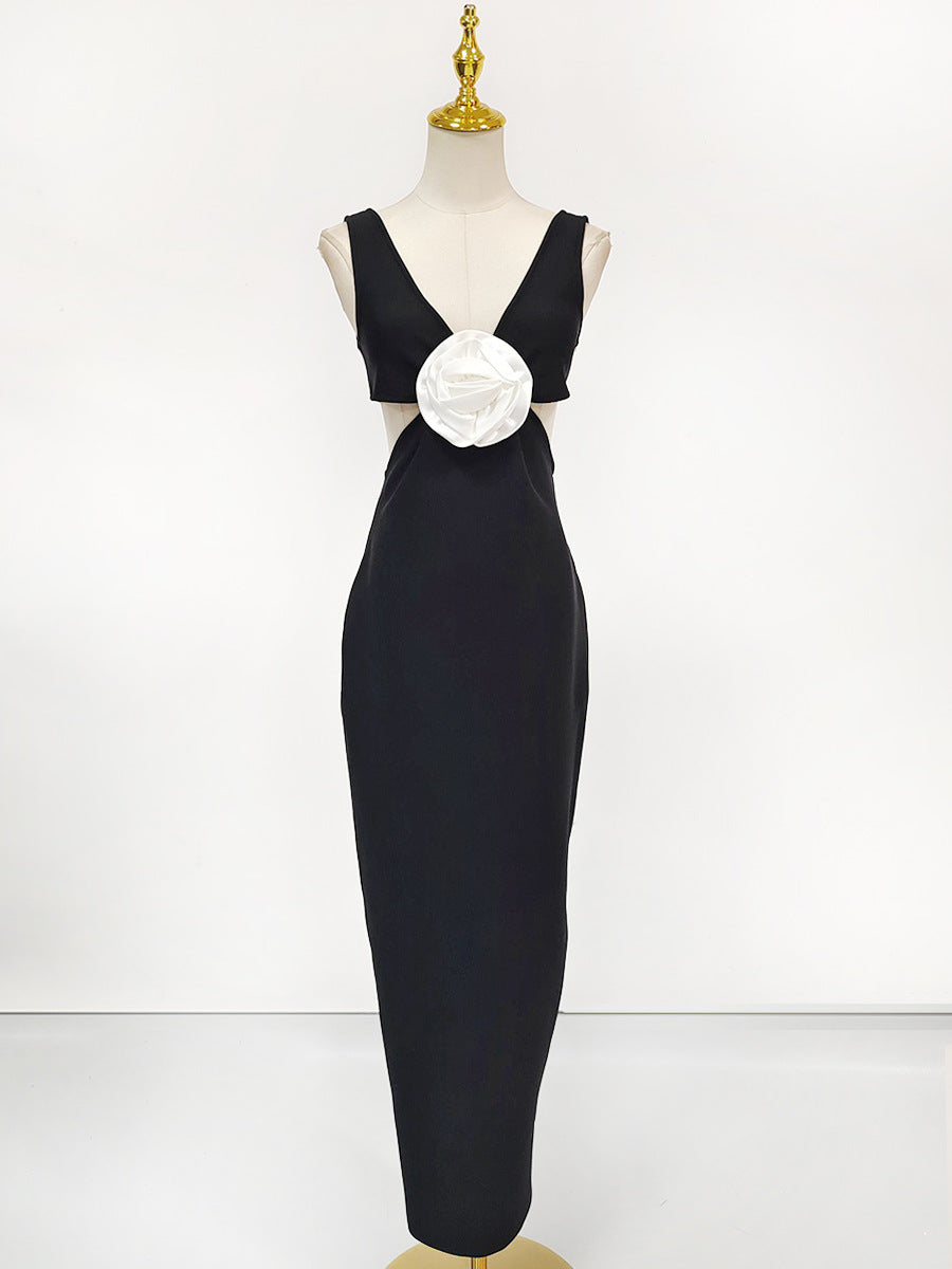 Flower V-Neck Hollow Out Maxi Dress in Black