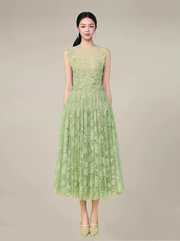 Lace Flower Embellished Maxi Dress in Green