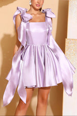 Cara Bowknot Satin Puffy Mini Dress in Purple