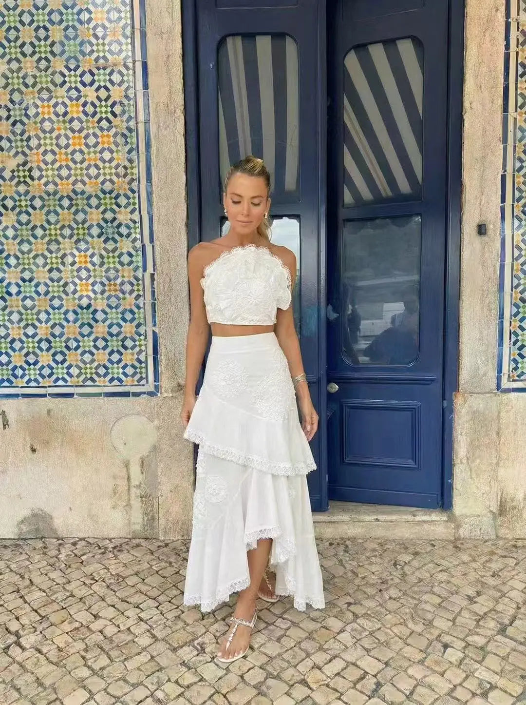 Ruffled Top Floral Embroidered Skirt Set - White