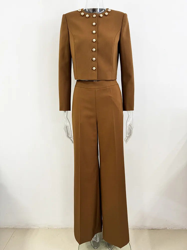 Brown Button-Decorated Short Jacket Two-Piece Set