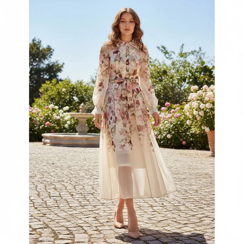 Long Sleeve Floral Printed Woven Maxi Dress