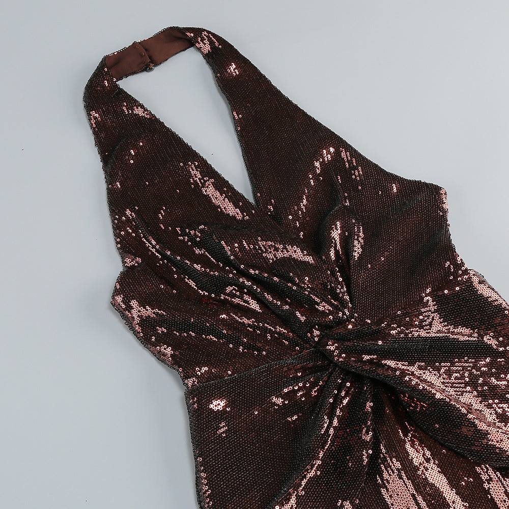 Brown Sequin Deep V High Waist Jumpsuit
