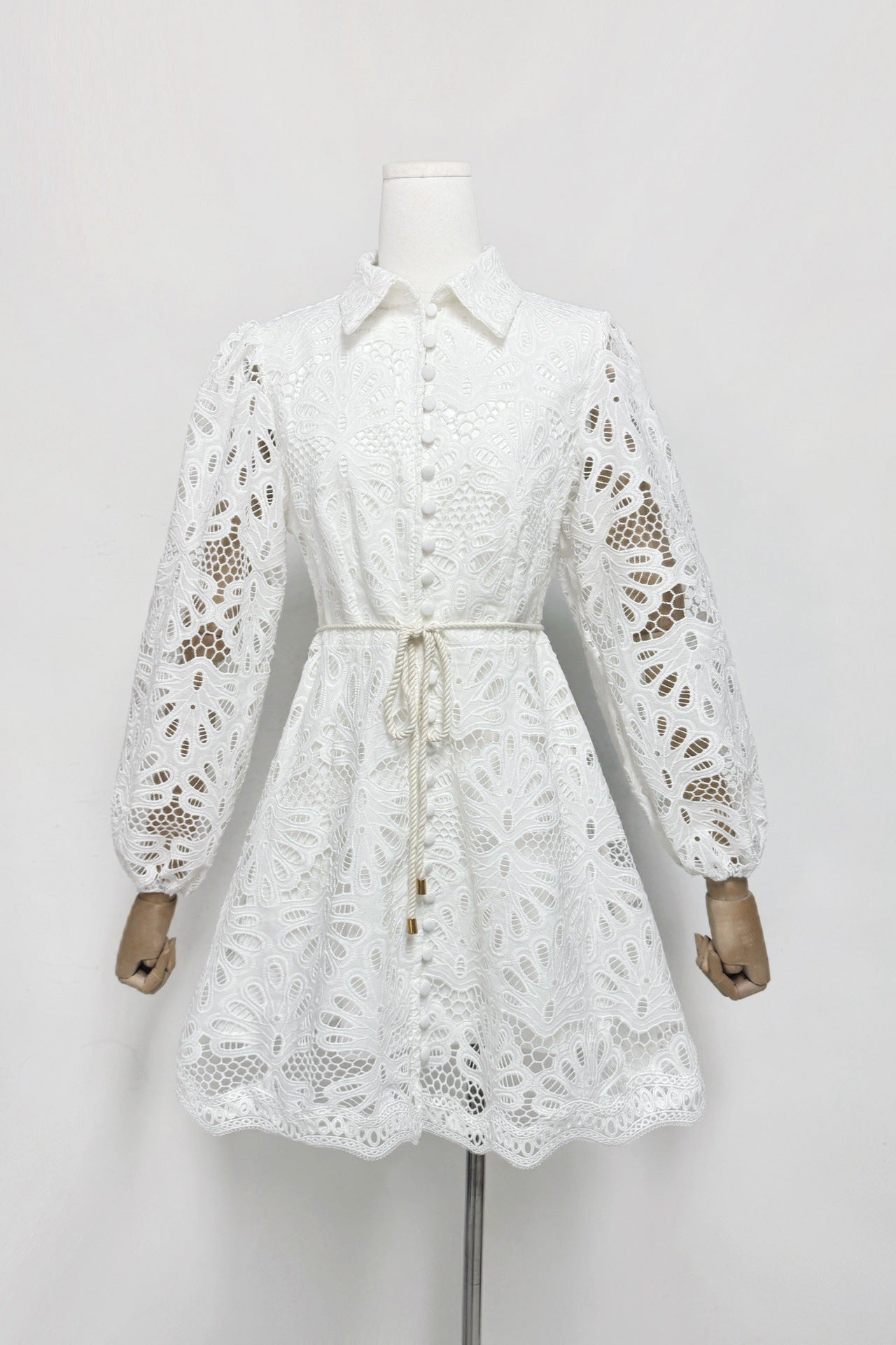 Hollow Embroidery Puff Sleeve Mini Dress in White