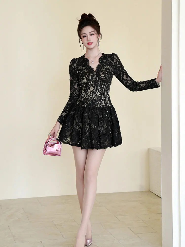 Black Lace Hollow Long Sleeve A-Line Mini Dress