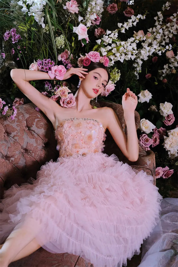 Pink Princess Ruffle Midi Floral Embroidery Dress
