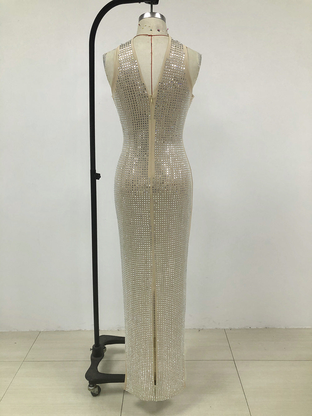 Silver Crystal Mesh Keyhole Cutout Gown