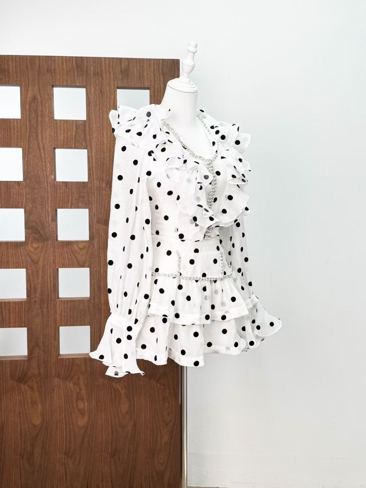 Black-White Ruffled Long-Sleeved Top with Puffy Skirt