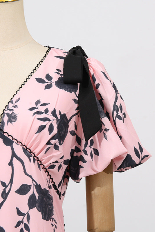 V-Neck Satin Floral Midi Dress in Pink