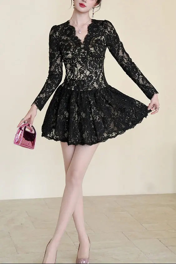 Black Lace Hollow Long Sleeve A-Line Mini Dress
