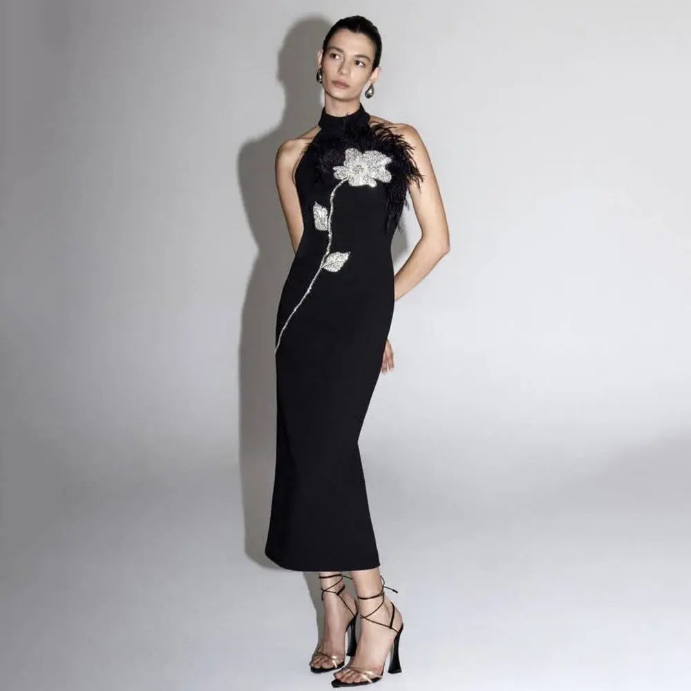 Flower Rhinestone Feather Halter Midi Dress in Black