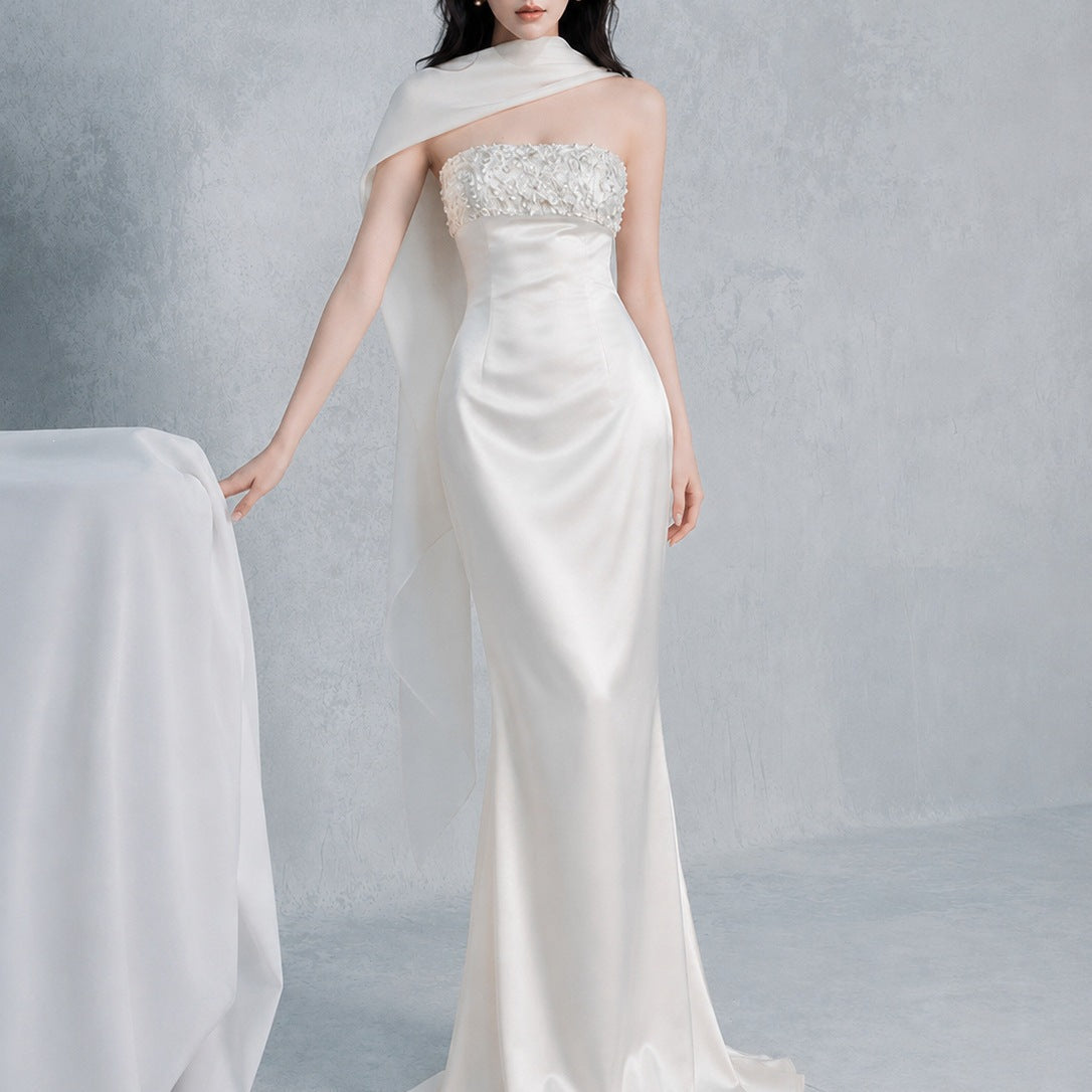 Rhinestone Embellish Satin Maxi Dress - White