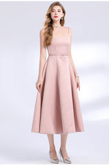Square Neck Satin Slip Midi Dress - Pink
