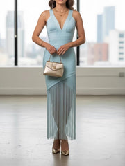 Light Blue Bandage Fringe Midi Dress