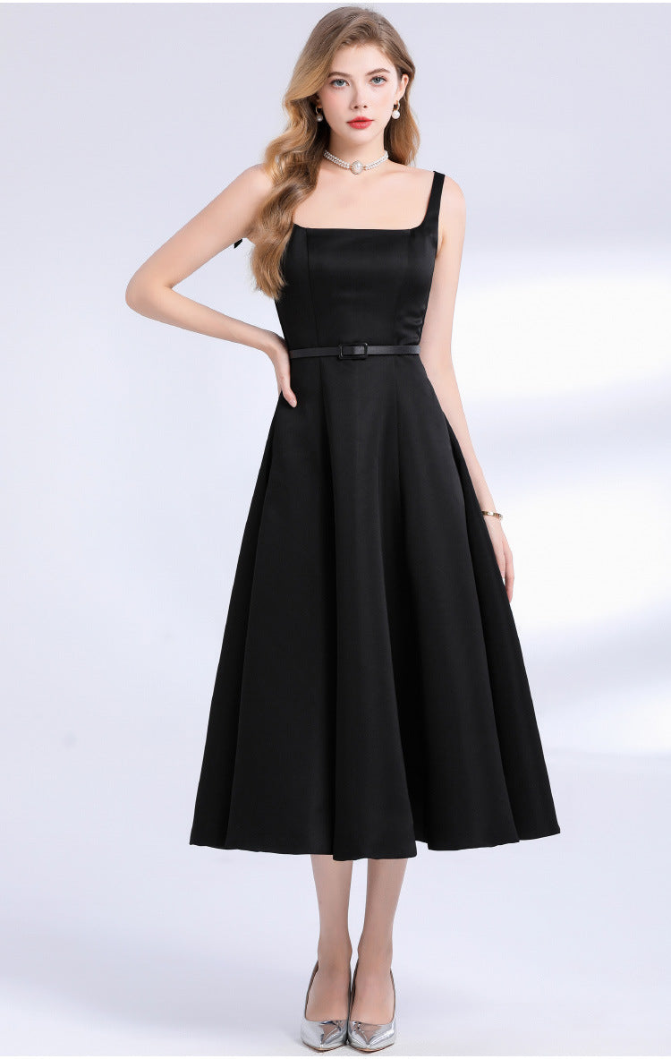 Square Neck Satin Slip Midi Dress - Black