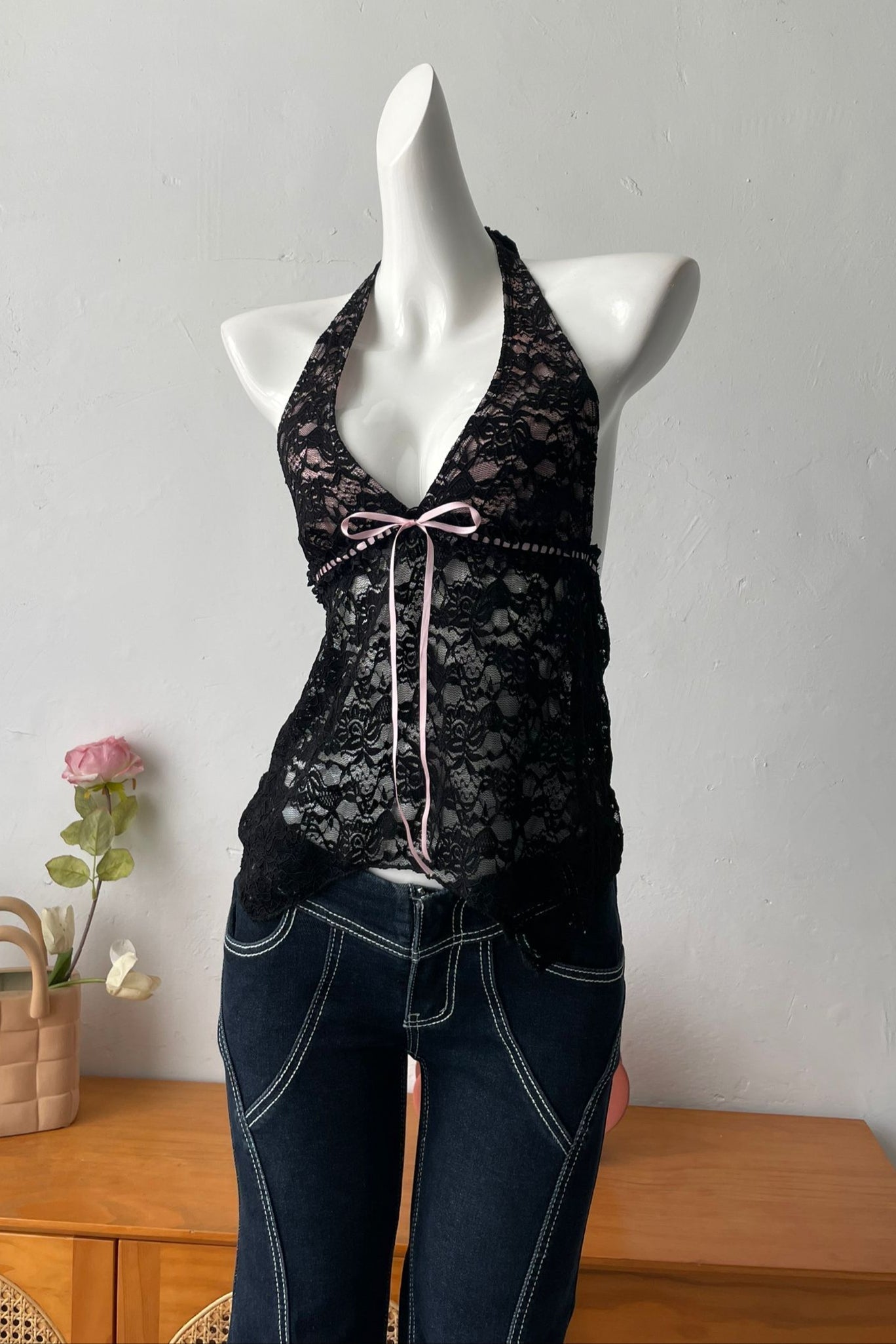 Backless Sheer Lace Halter Top in Black