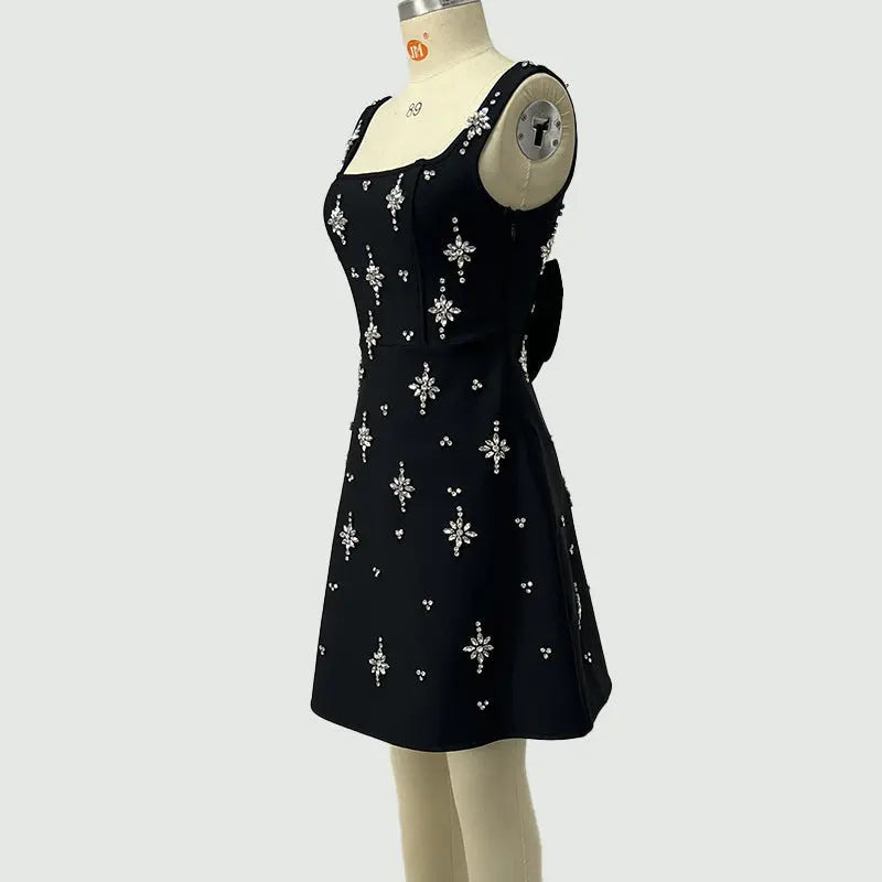 Sleeveless Diamond Bandage Mini Dress in black
