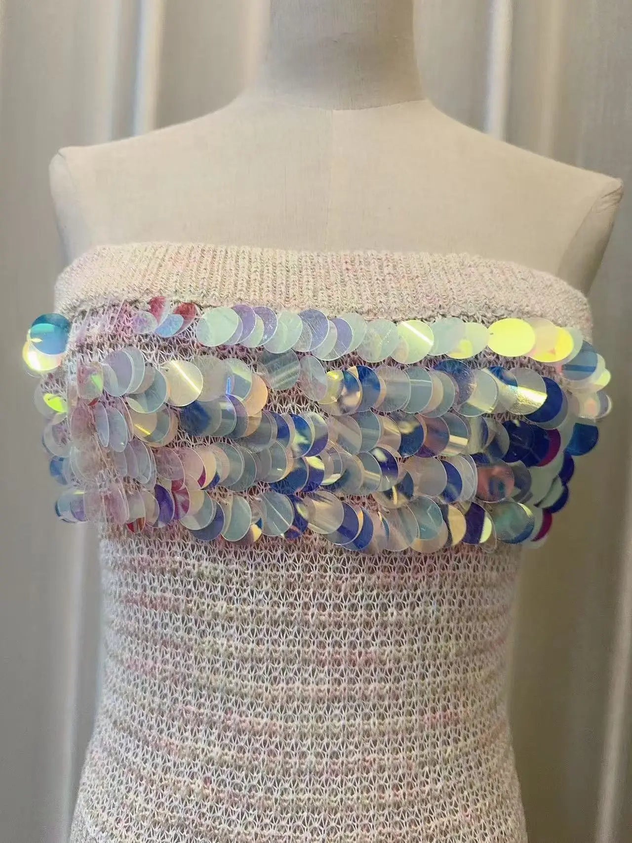 Beige Off-Shoulder Sleeveless Sequin Jersey Maxi Dress