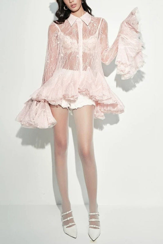 Pink Mesh Lace Ruffled Sleeve Shirt Dress Shorts Set