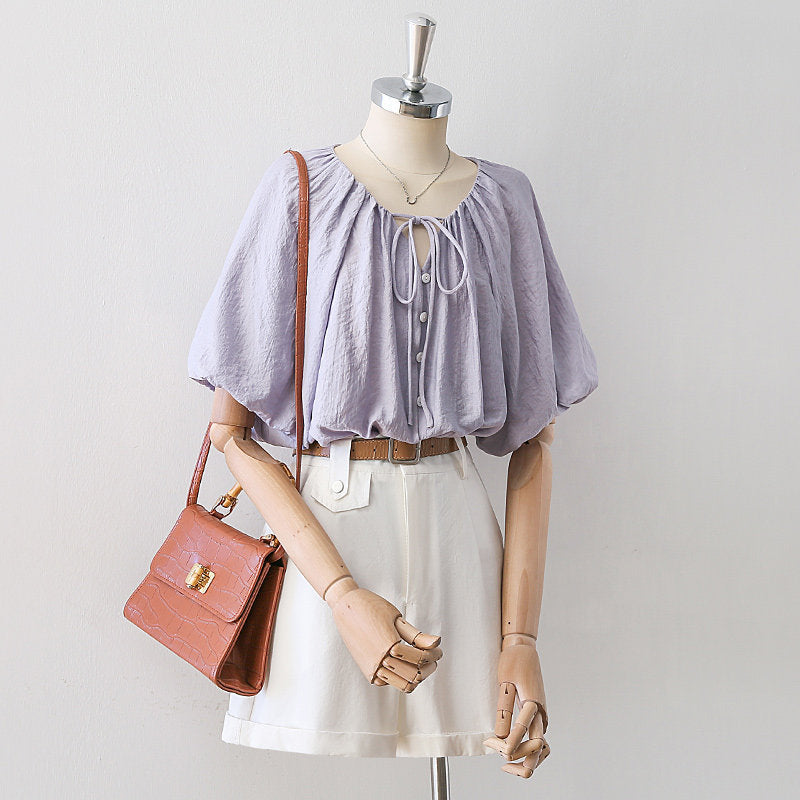 Drawstring Neck Dolman Batwing Short Sleeve Blouse