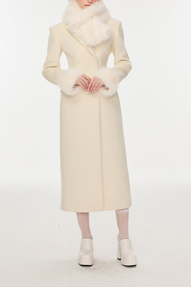 Slim Faux Fur Mid-Length Woolen Coat