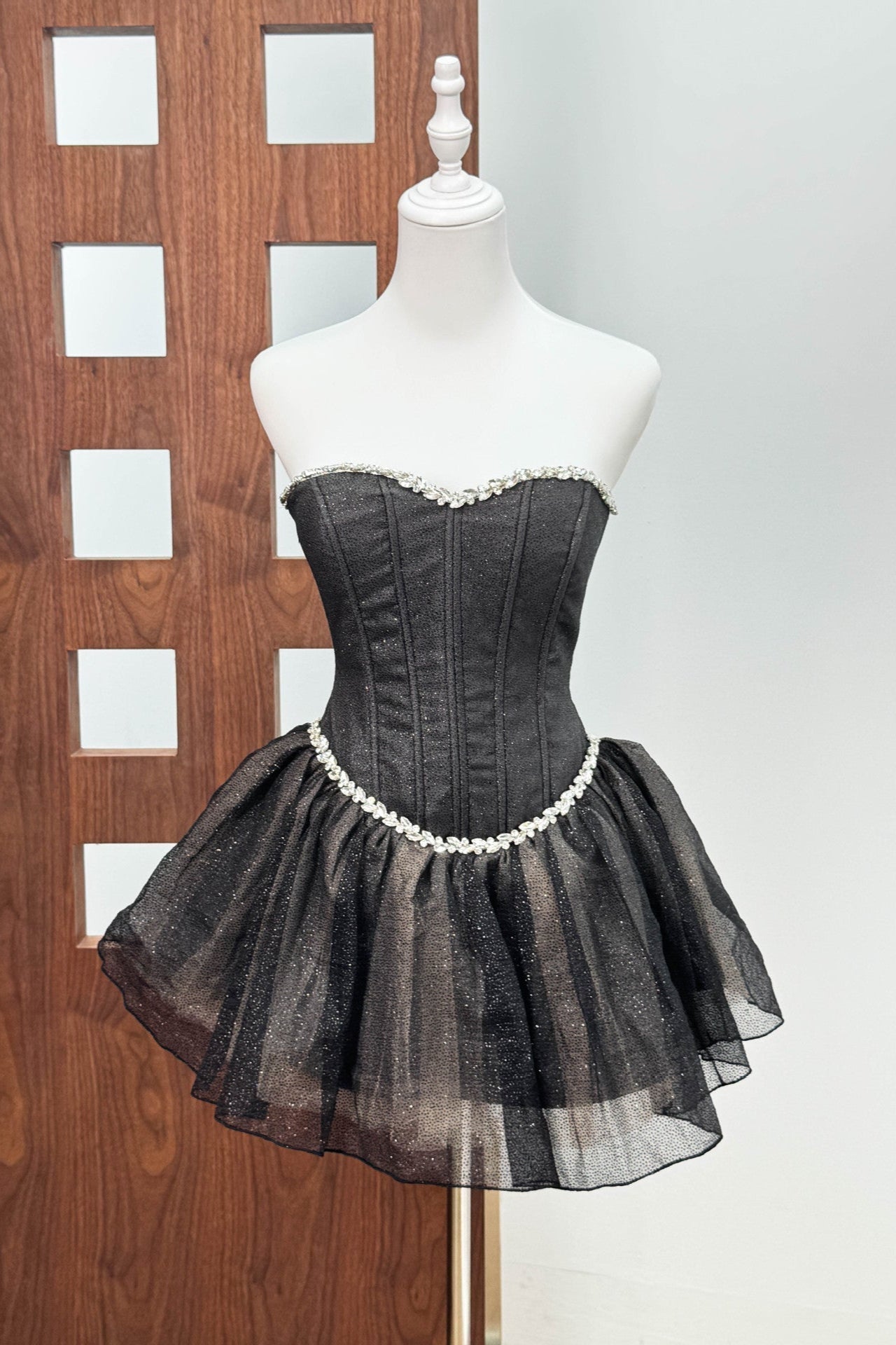 Top Fishbone Mesh Mini Dress in Black