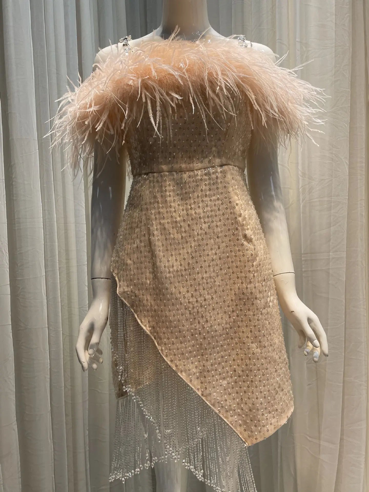 Feather Crystal-Strap Mini Dress in Pink