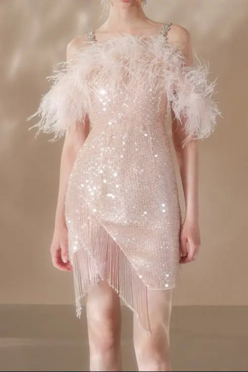 Feather Crystal-Strap Mini Dress in Pink