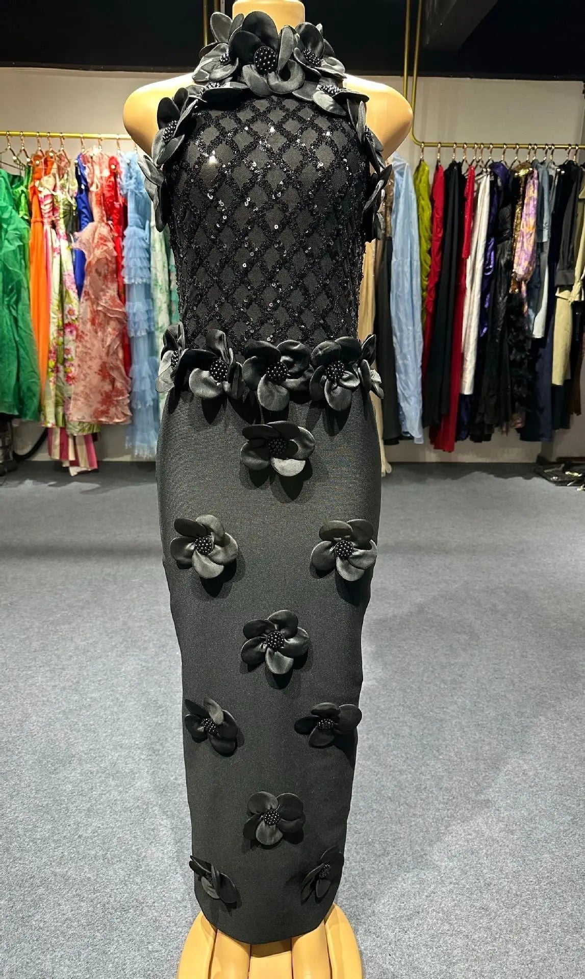 3D Flower Sequin Halter Bandage Maxi Dress in Black