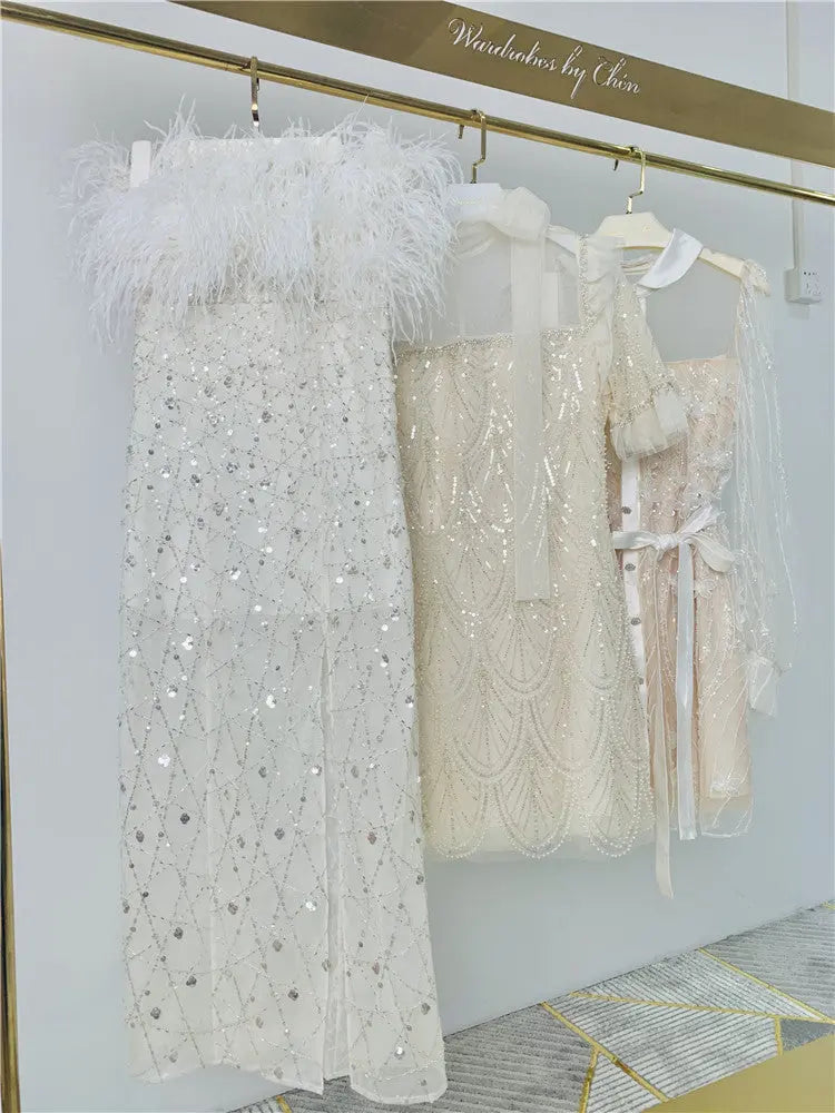White Haute Couture Feather Sequin Dress