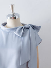 Asymmetrical Side Big Stand Collar Cap Sleeve Satin Blouse