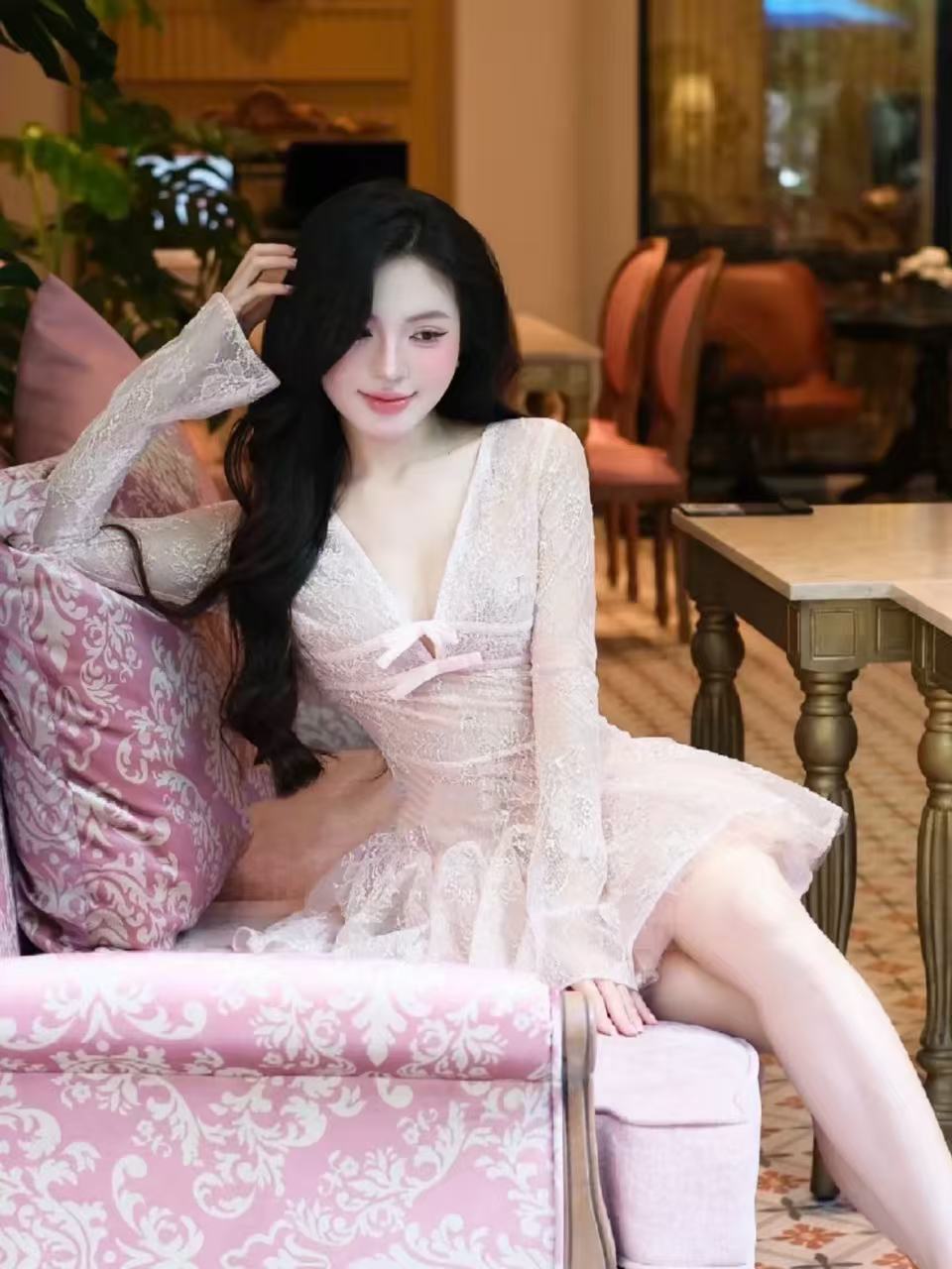 Long-Sleeve V-Neck Lace A-Line Mini Dress in Pink