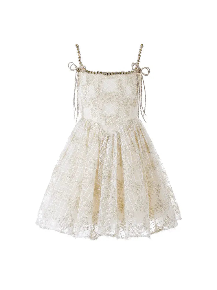 Beige Square Collar Sleeveless Lace Cocktail Dress