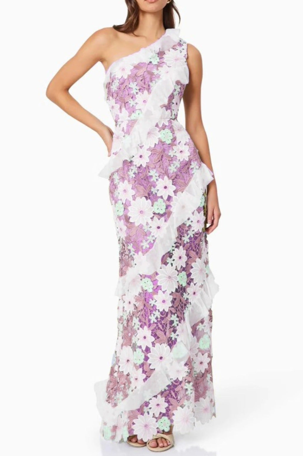 Floral One Shoulder Lace Maxi Dress in Purple