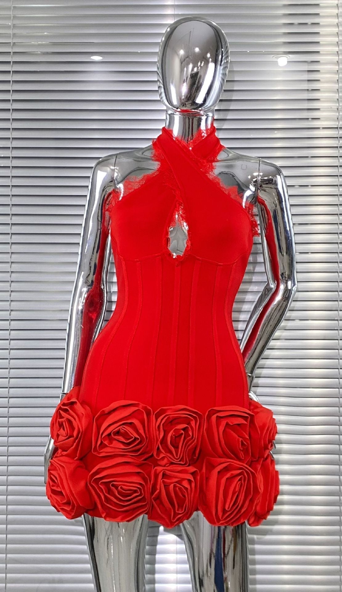 Sequin Halter Neck Flower Bandage Mini Dress in Red