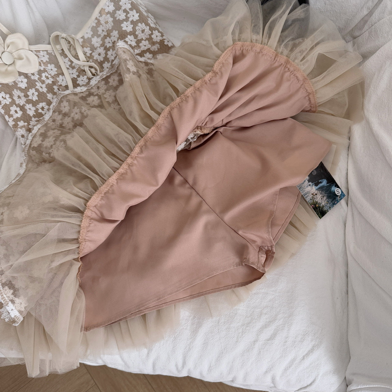 Lace-Trim Floral-Decorated Slip Mini Dress in Apricot
