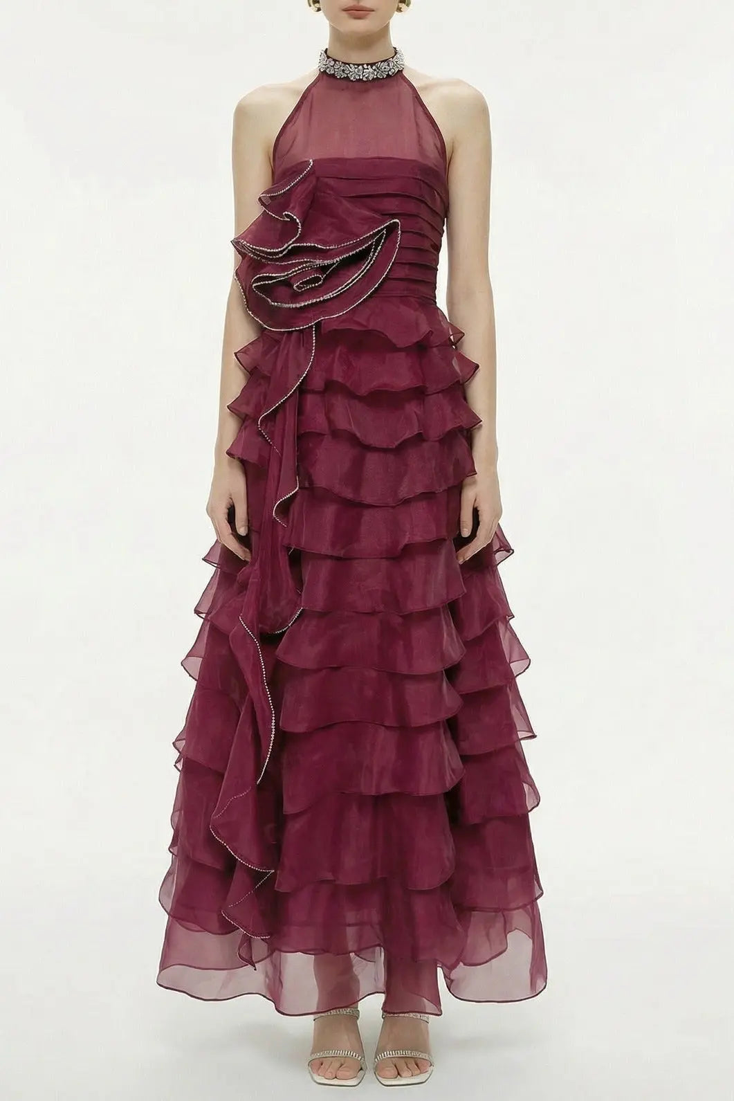 Red 3D Ruffled Rhinestone Embellished Maxi Dress