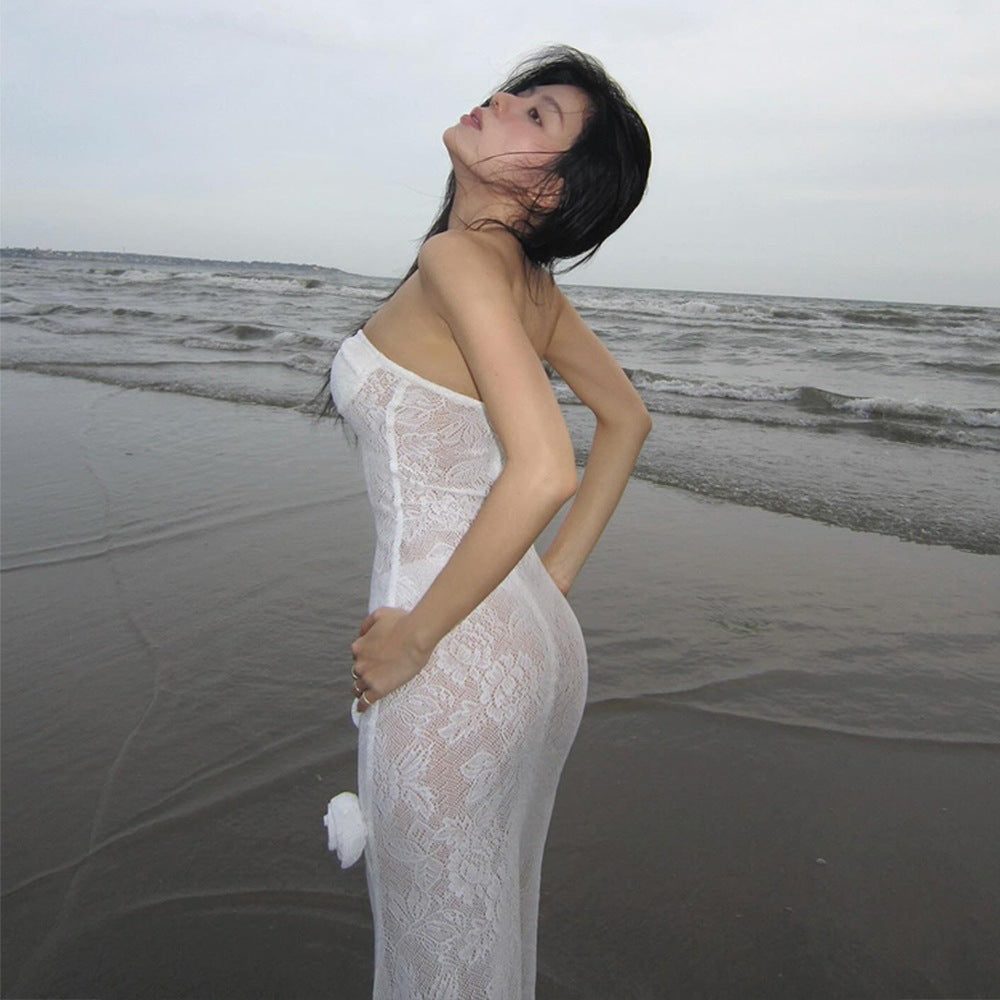 Sheer Lace Dress with Three-Dimensional Floral Skirt - White