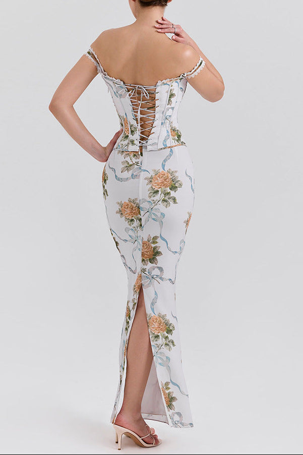 White Floral Print Fitted Corset Maxi Dress