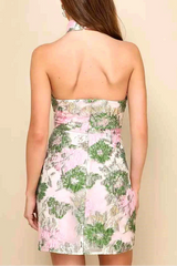 Pink Green Floral Open Back Mini Dress