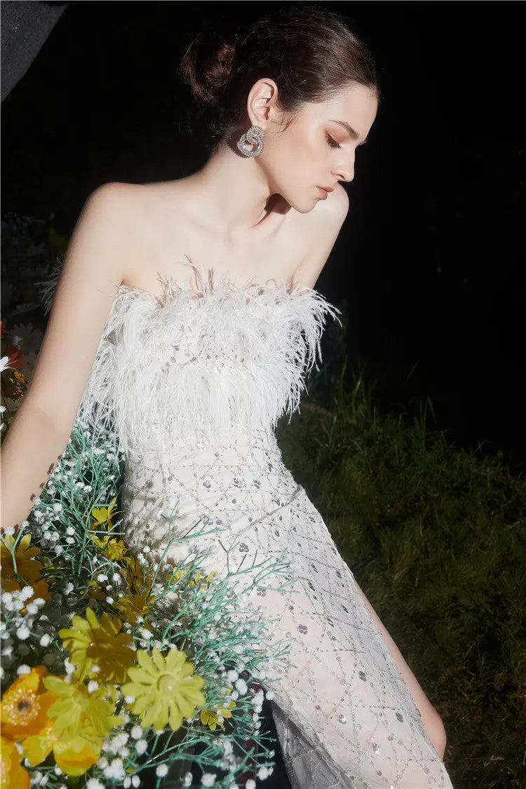 White Haute Couture Feather Sequin Dress