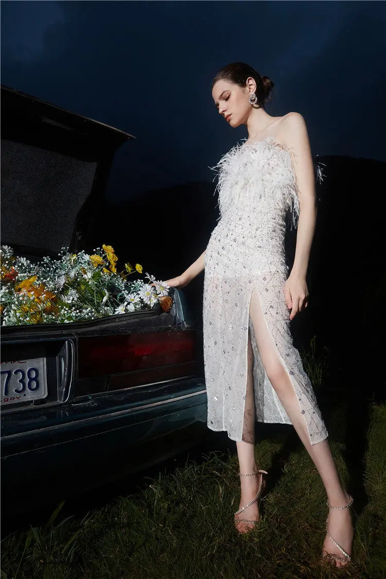 White Haute Couture Feather Sequin Dress