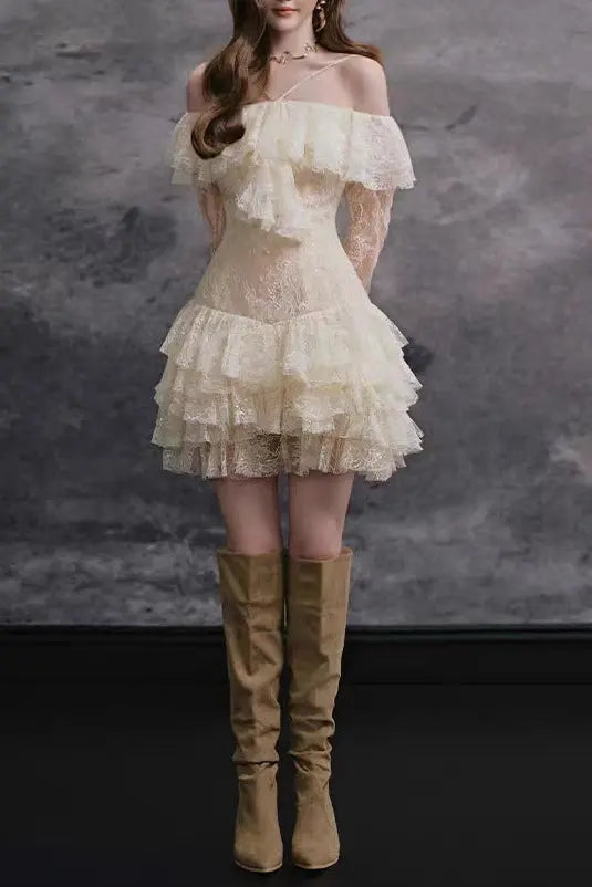 Off Shoulder Lace Ruffle Mini Dress
