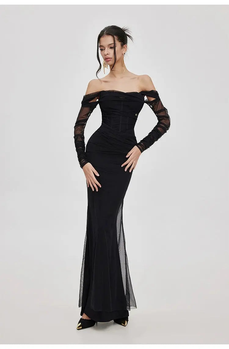 black Mesh Off-Shoulder Maxi Dress